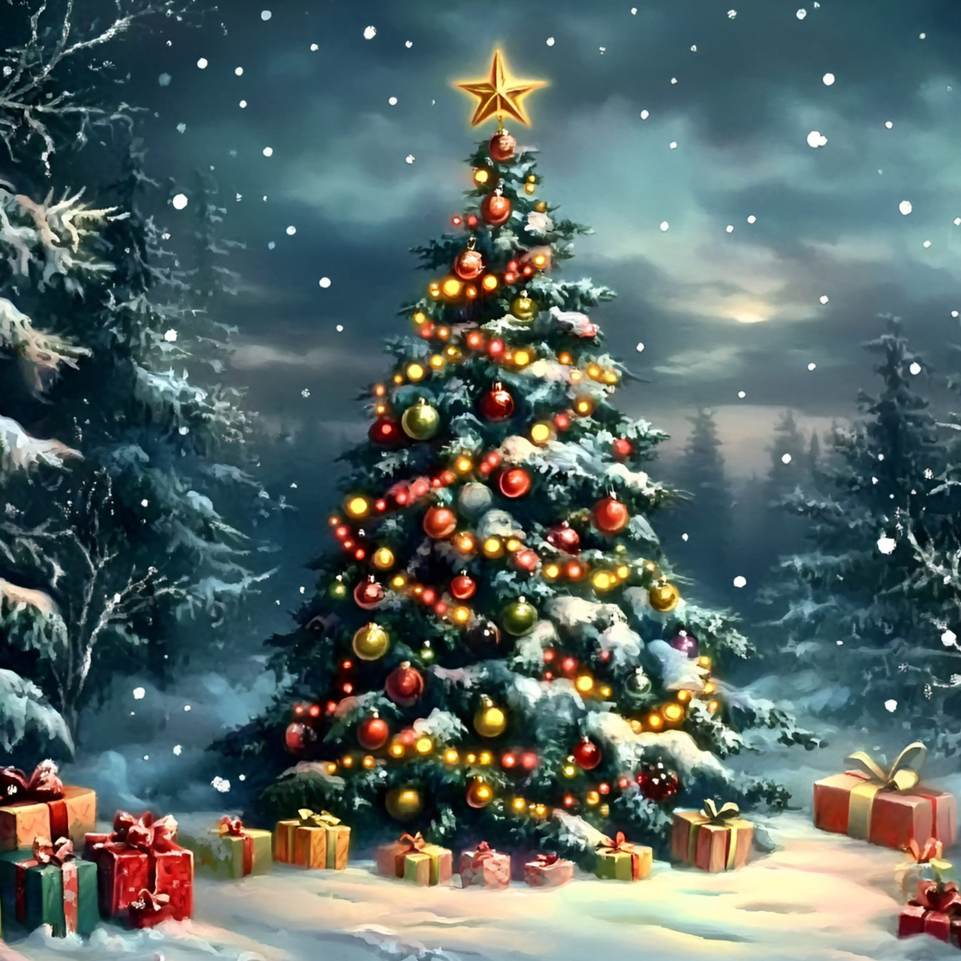 Night Sky Backdrop Snowy Pine Forest Decorated Tree Christmas Backdrops For Photos GQ58-45