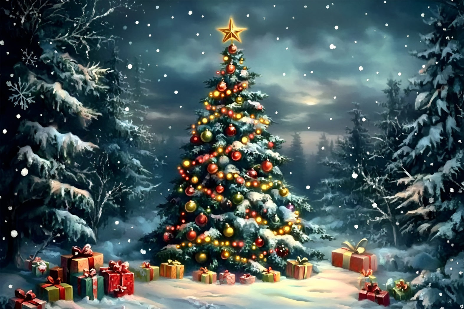 Night Sky Backdrop Snowy Pine Forest Decorated Tree Christmas Backdrops For Photos GQ58-45