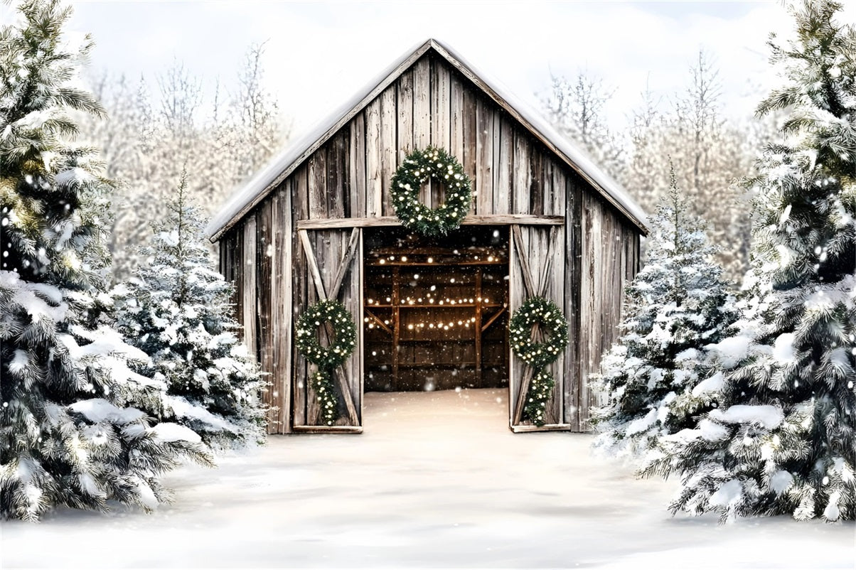 Christmas Tree Farm Backdrop Rustic Wooden Barn Holiday Wreaths Christmas Village Backdrop GQ58-46