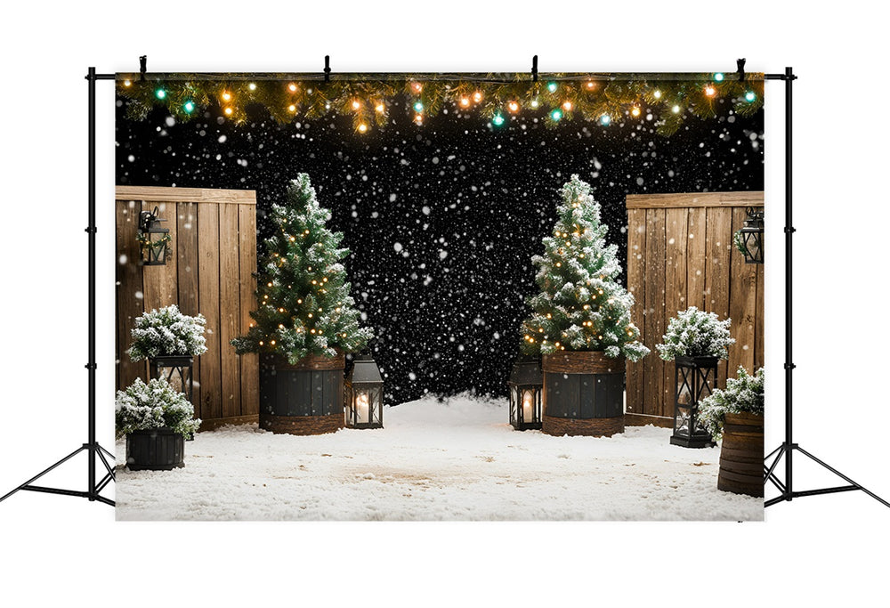 Christmas Tree Farm Backdrop Snowfall Lantern Garden with Fir Trees Ch