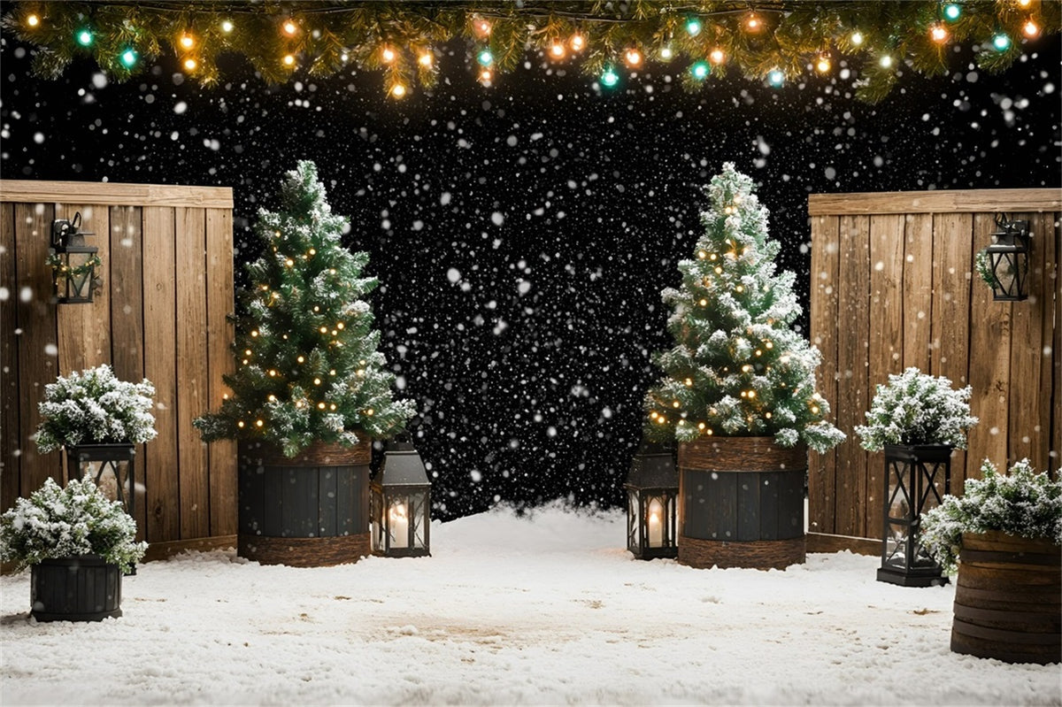 Christmas Tree Farm Backdrop Snowfall Lantern Garden with Fir Trees Ch