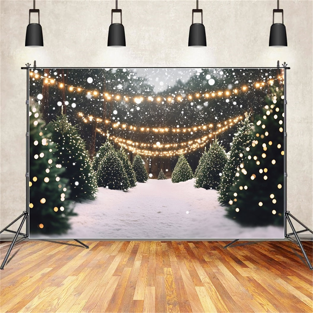 Christmas Tree Farm Backdrop Snowy Pine Lane with Twinkle Lights Professional Christmas Backdrops GQ58-48