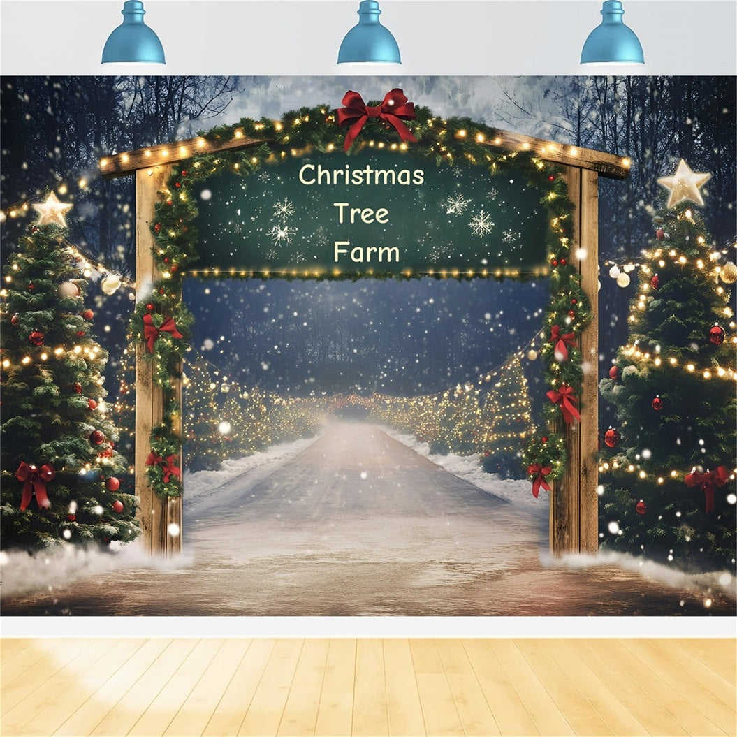 Christmas Tree Farm Backdrop Holiday Archway Entrance with Garland Christmas Village Backdrop GQ58-49