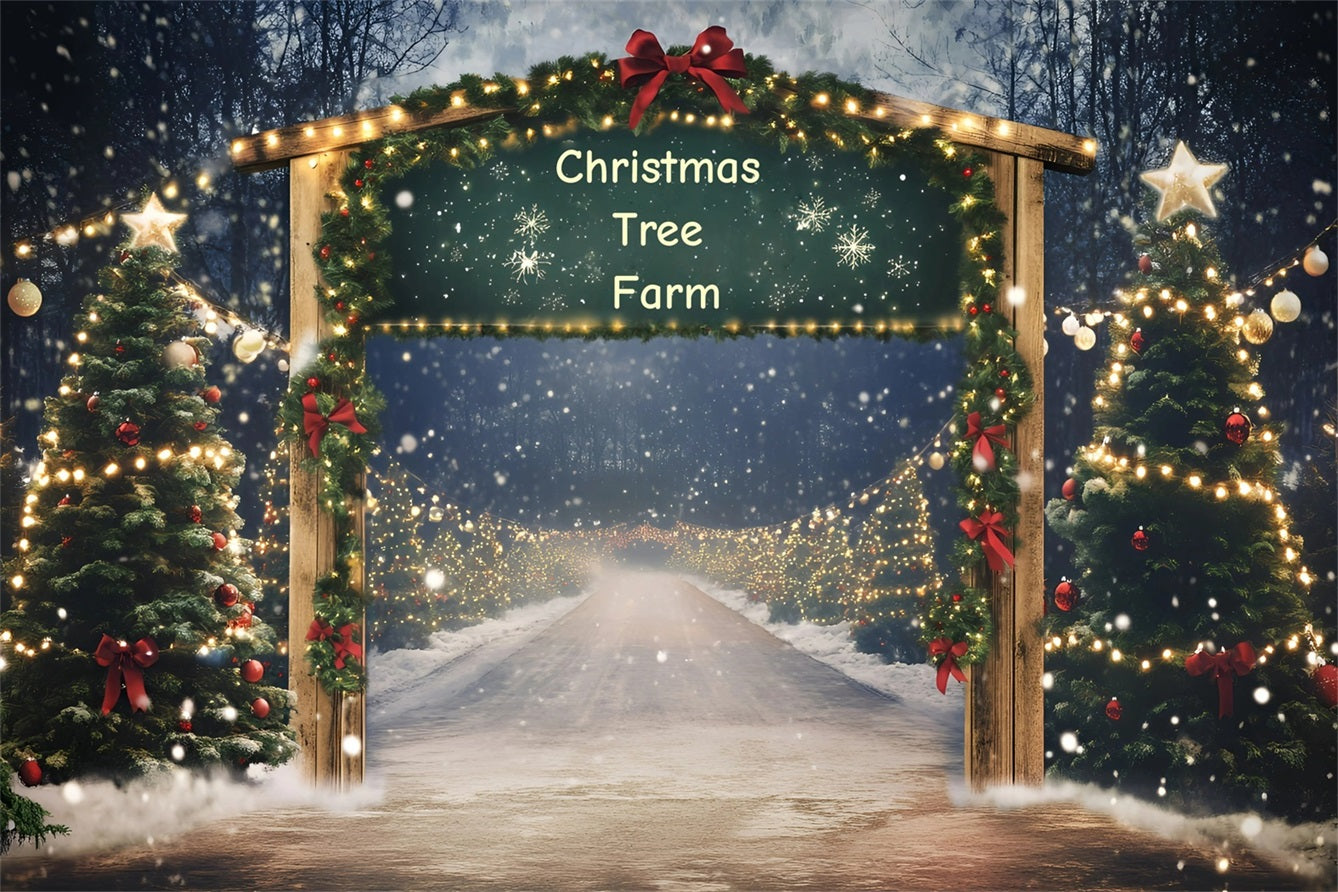 Christmas Tree Farm Backdrop Holiday Archway Entrance with Garland Christmas Village Backdrop GQ58-49