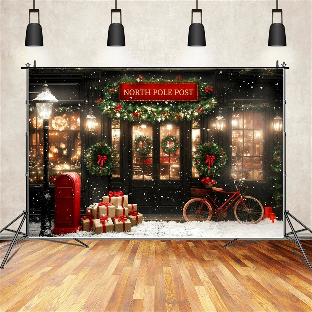North Pole Backdrop Festive Post Office with Red Bicycle Backdrop Christmas GQ58-53