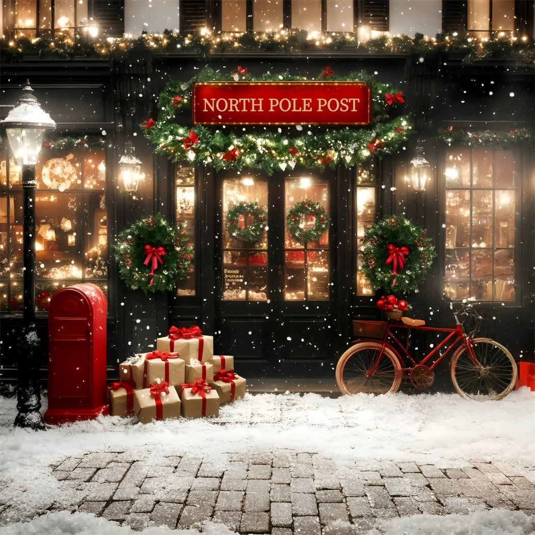 North Pole Backdrop Festive Post Office with Red Bicycle Backdrop Christmas GQ58-53