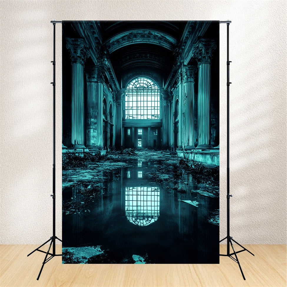 Grunge Backdrop Abandoned Grand Hall with Water Reflection Professional Portrait Background GQ58-86