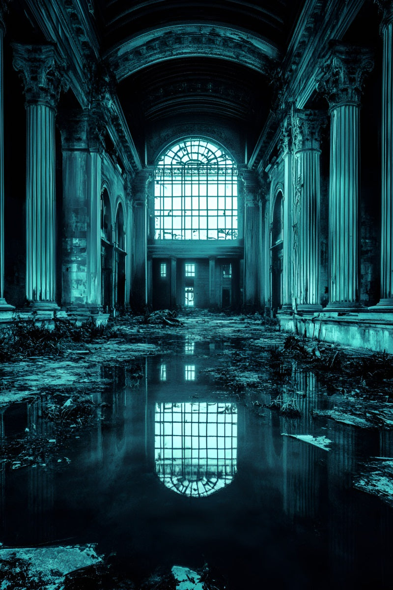 Grunge Backdrop Abandoned Grand Hall with Water Reflection Professional Portrait Background GQ58-86