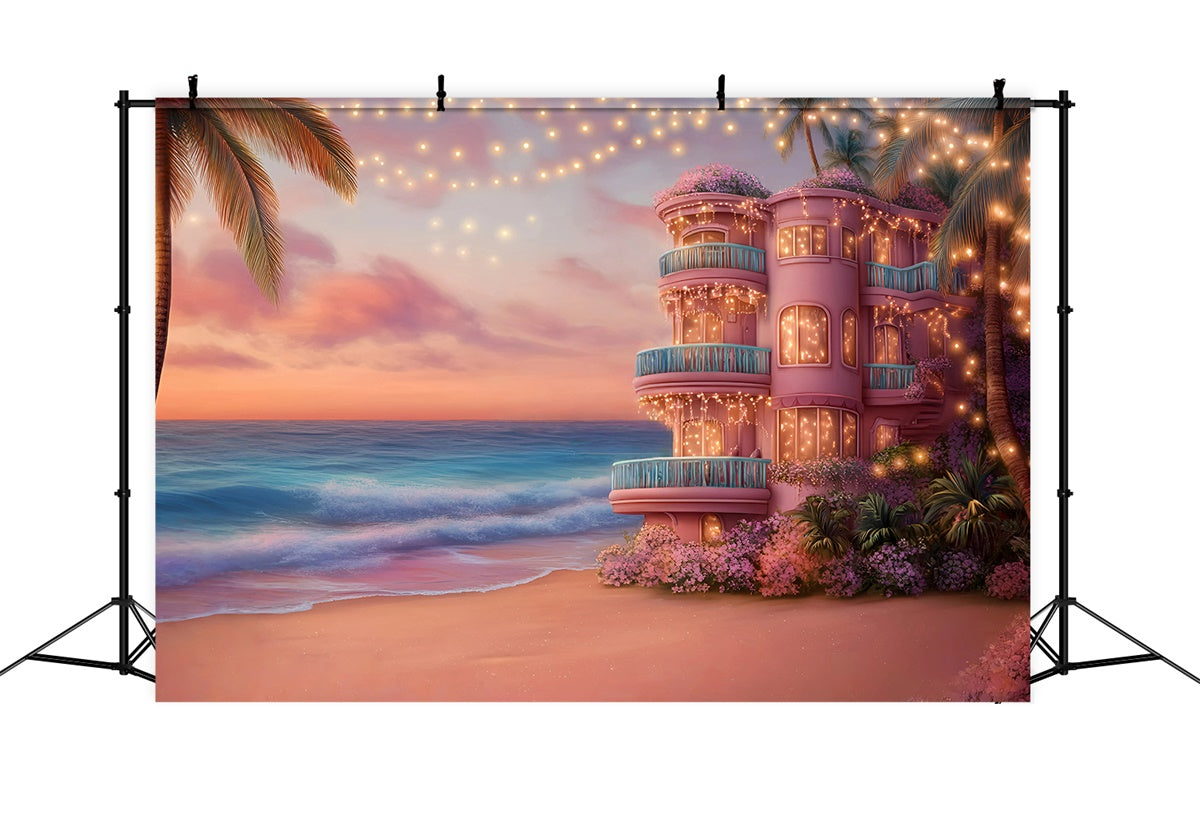 Pink Beach Backdrop Sunset Coastal Villa Summer Backdrop GQ6-10