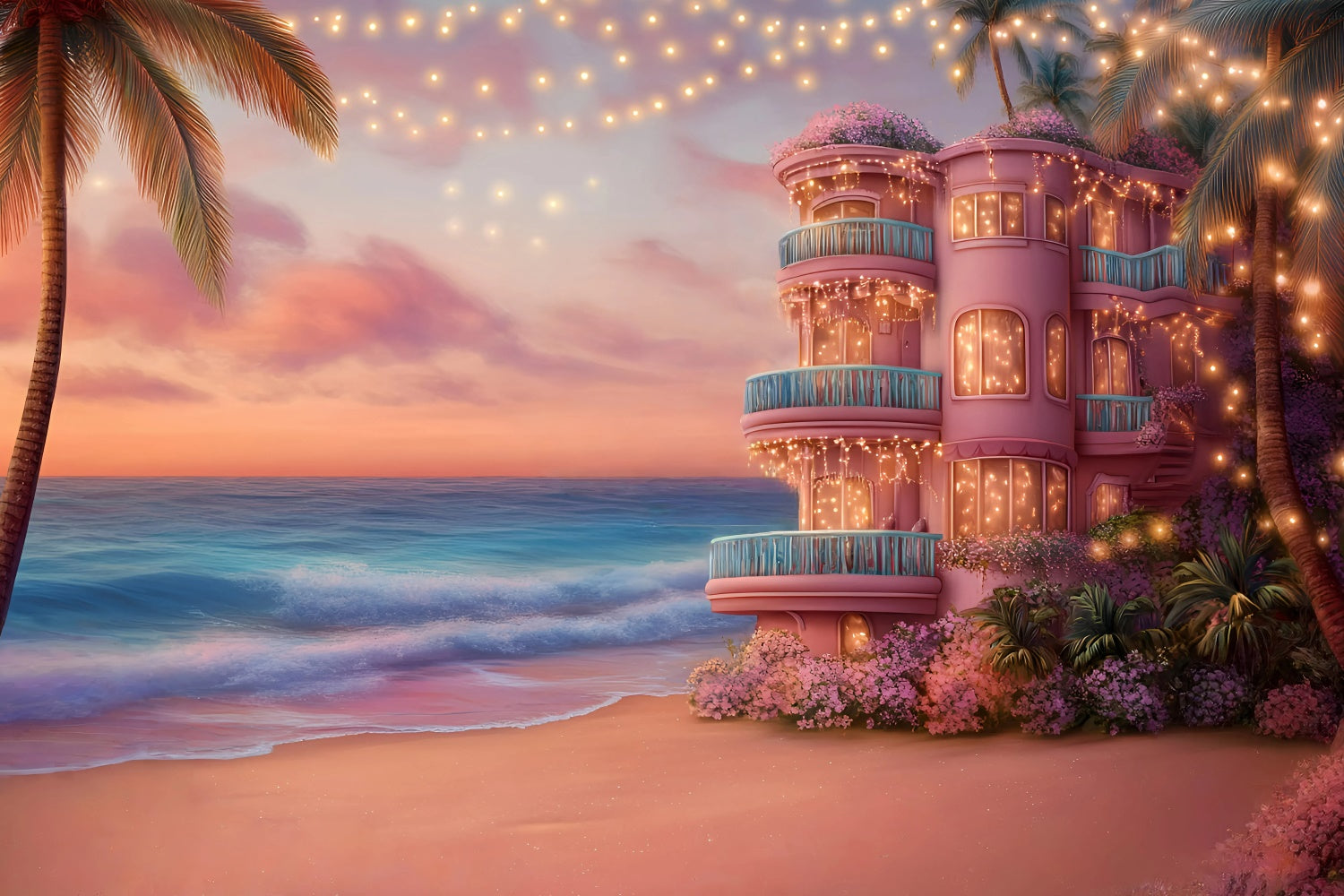 Pink Beach Backdrop Sunset Coastal Villa Summer Backdrop GQ6-10