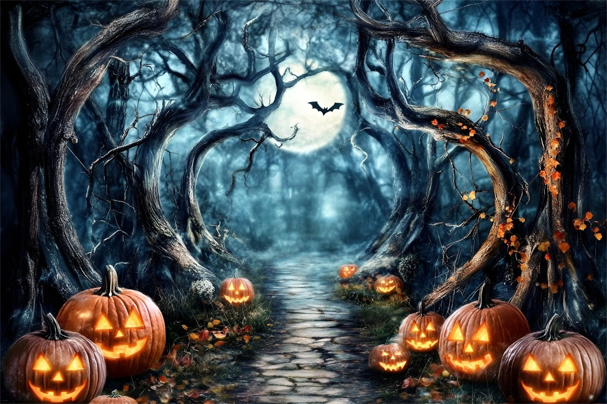 Spooky Forest Backdrop Moonlit Pumpkin Path Halloween Backdrop GQ6-182