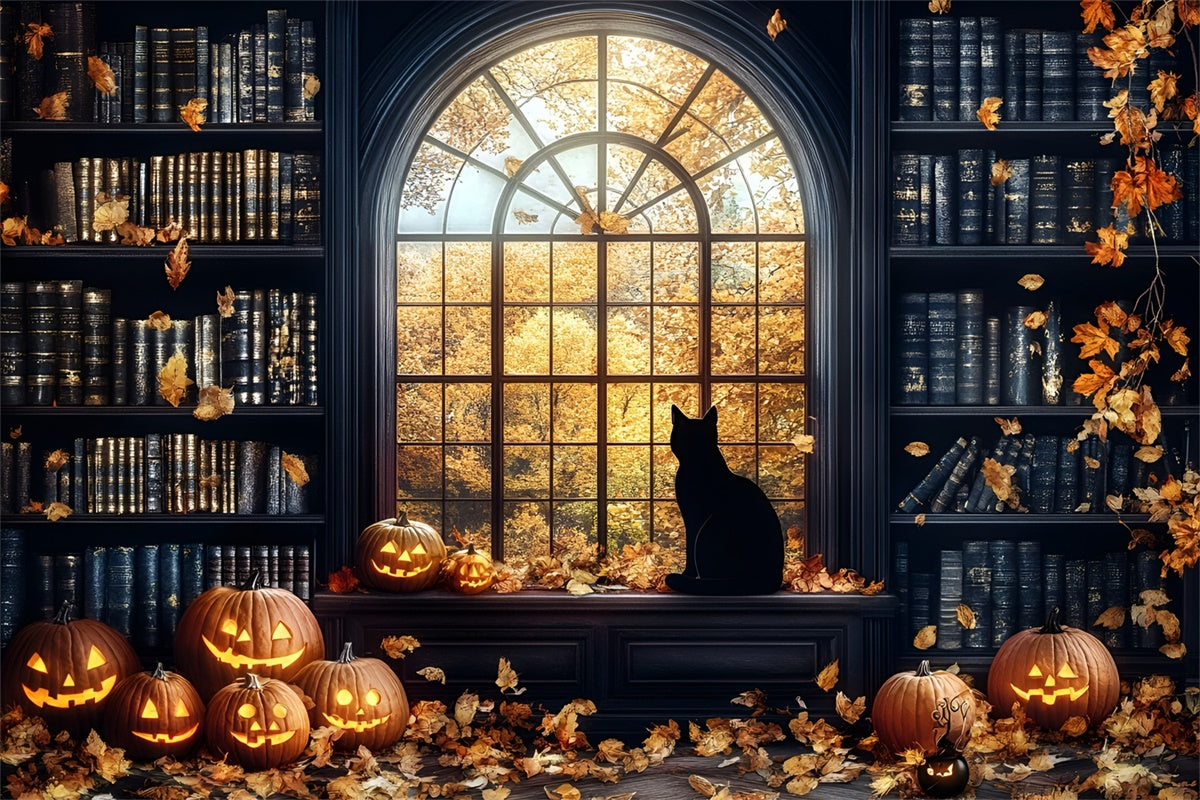 Halloween Backdrops Pumpkin Glow Spooky Library Backdrop GQ6-188