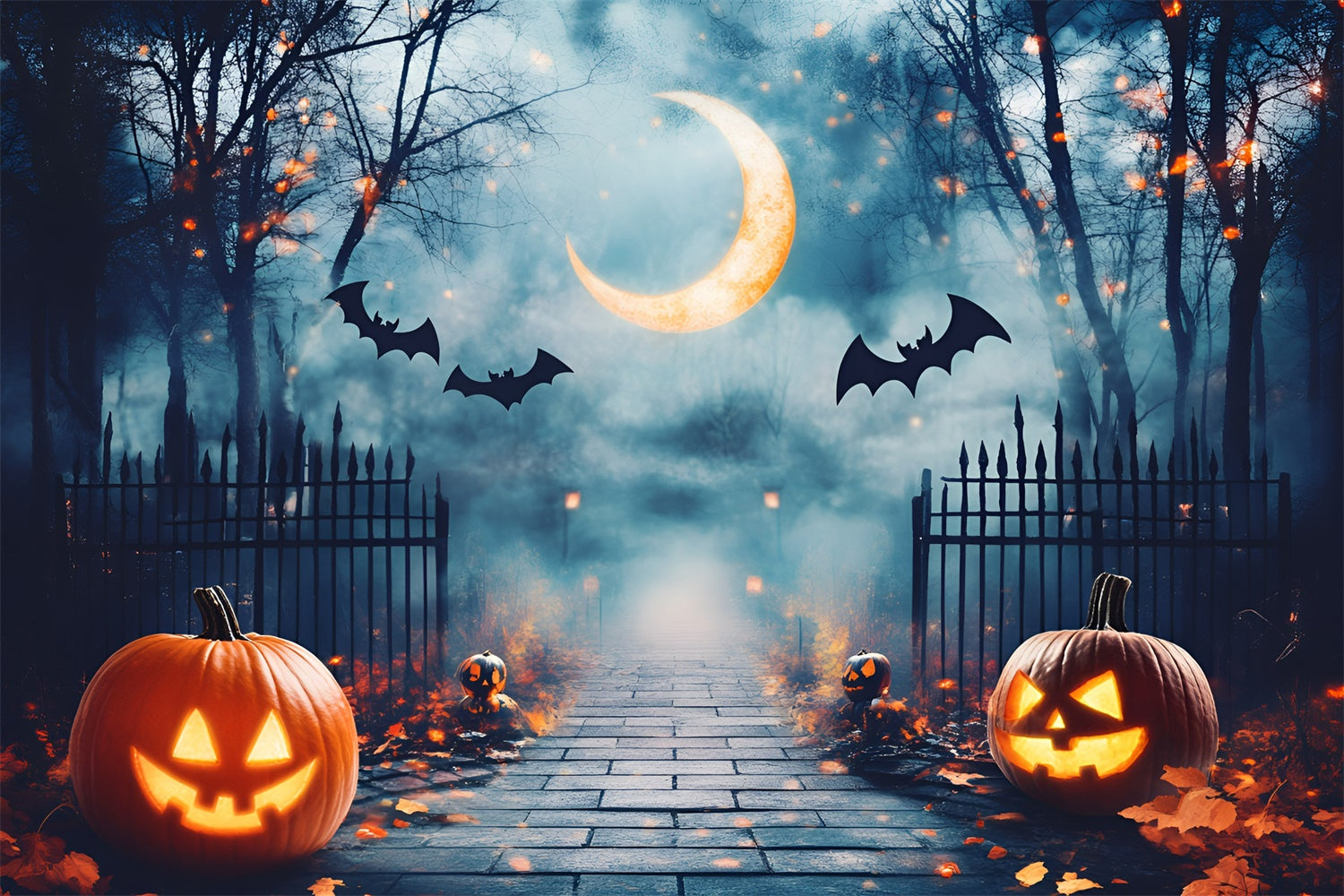 Halloween Backdrop Ideas Moonlit Haunted Gate Path Backdrop GQ6-190