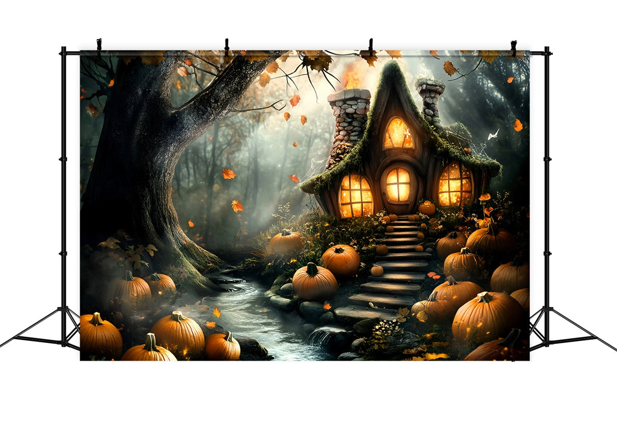 Forest Backdrop Haunted Pumpkin Cottage Halloween Backdrop GQ6-195