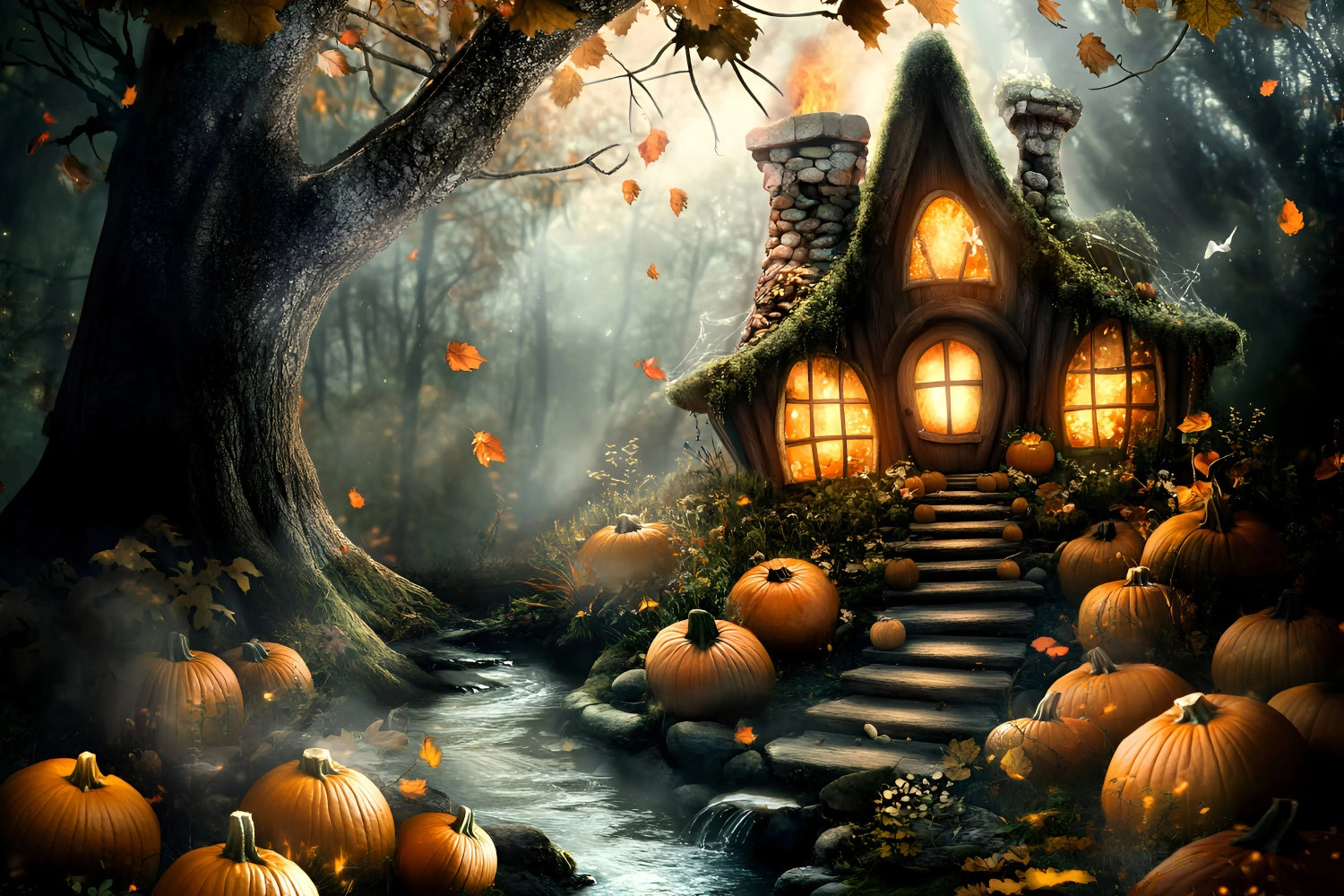 Forest Backdrop Haunted Pumpkin Cottage Halloween Backdrop GQ6-195