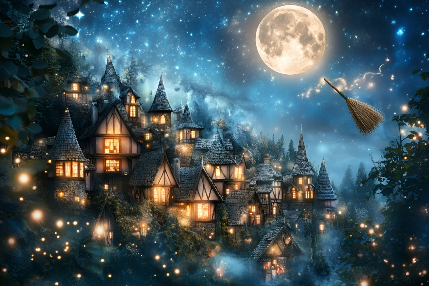 Halloween Moon Backdrop Twilight Magical Village Backdrop GQ6-196