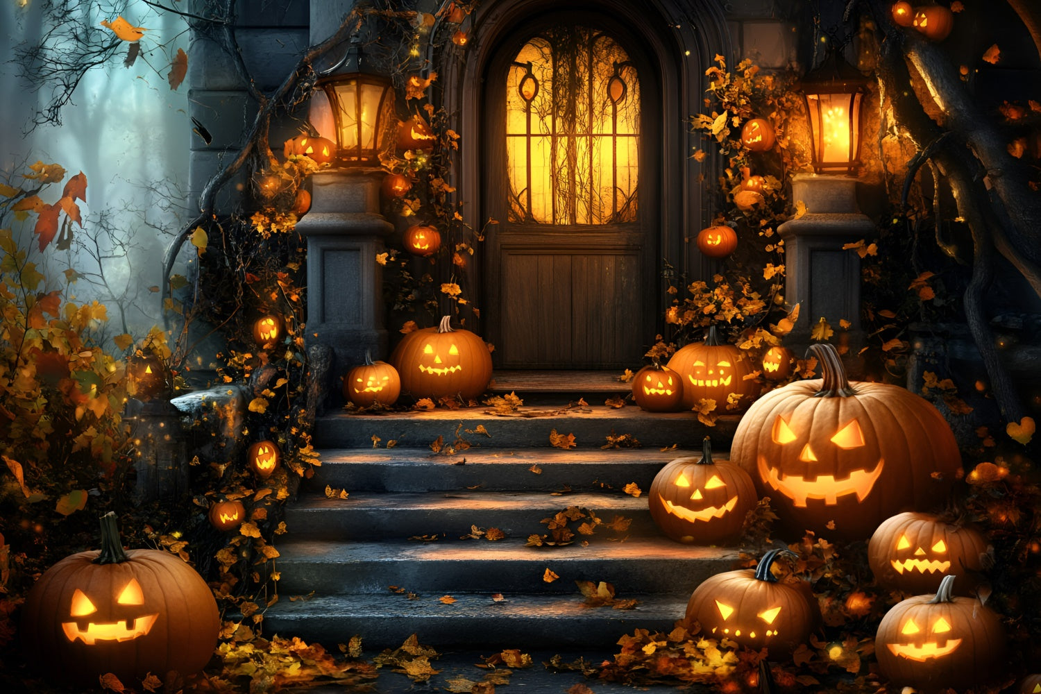 Halloween Photography Backdrop Haunted Pumpkin Porch Backdrop GQ6-198