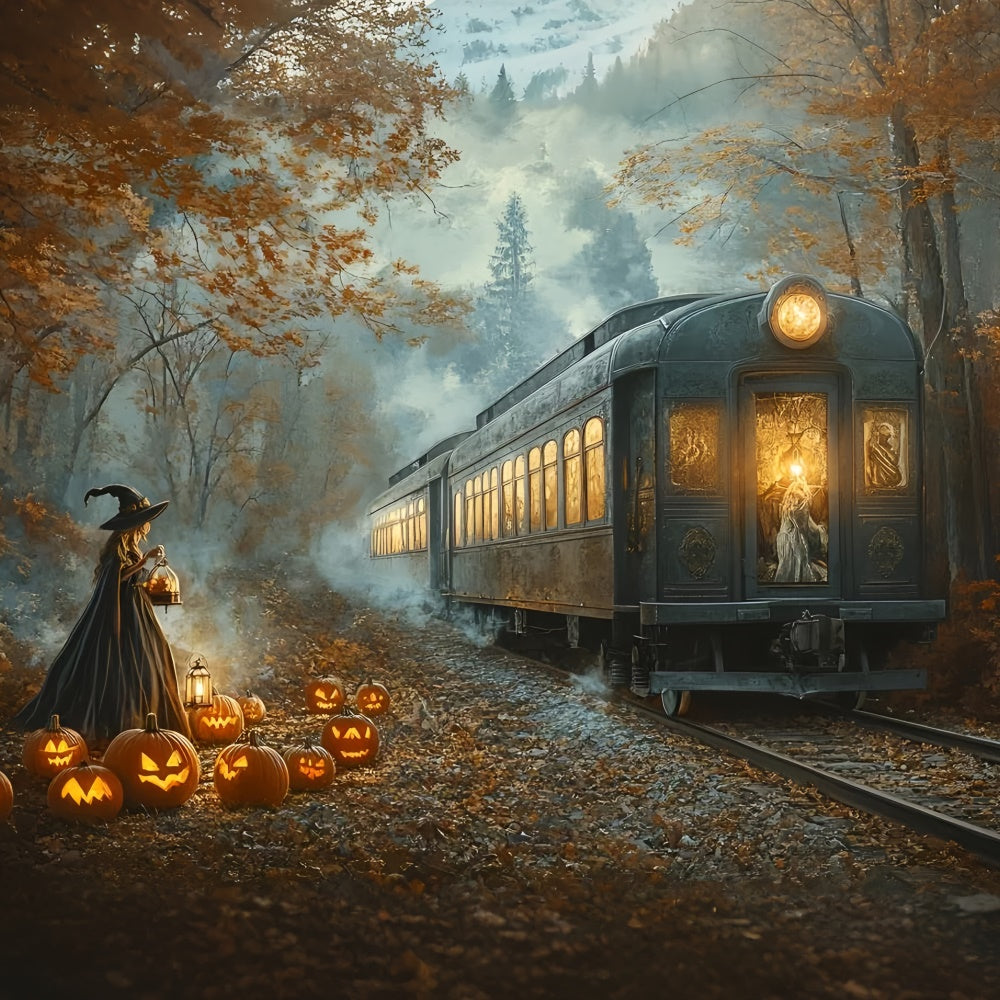 Halloween Witch Backdrop Midnight Pumpkin Railway Backdrop GQ6-199