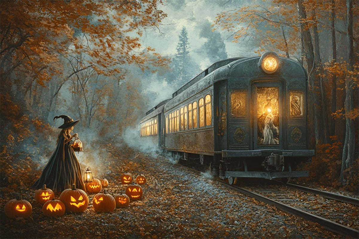 Halloween Witch Backdrop Midnight Pumpkin Railway Backdrop GQ6-199