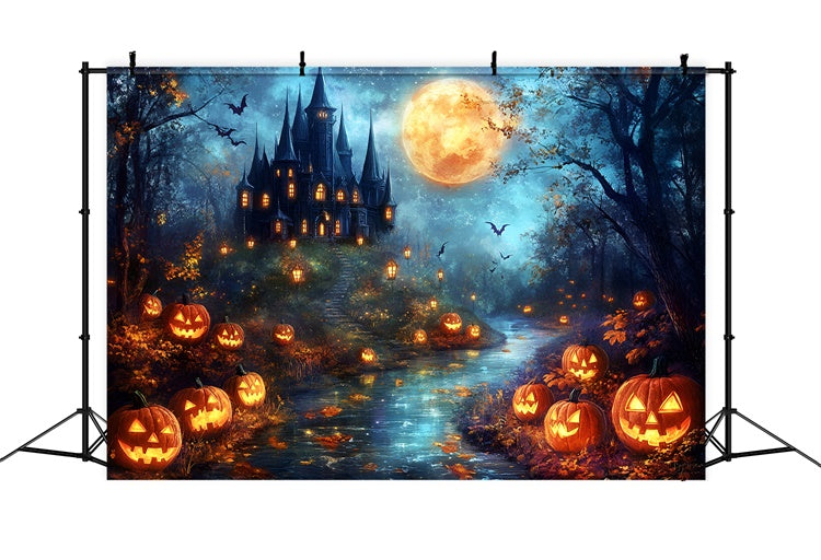 Halloween Moon Backdrop Haunted Castle Pumpkin Backdrop GQ6-206