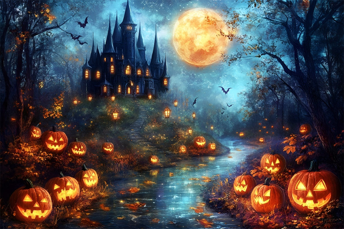 Halloween Moon Backdrop Haunted Castle Pumpkin Backdrop GQ6-206