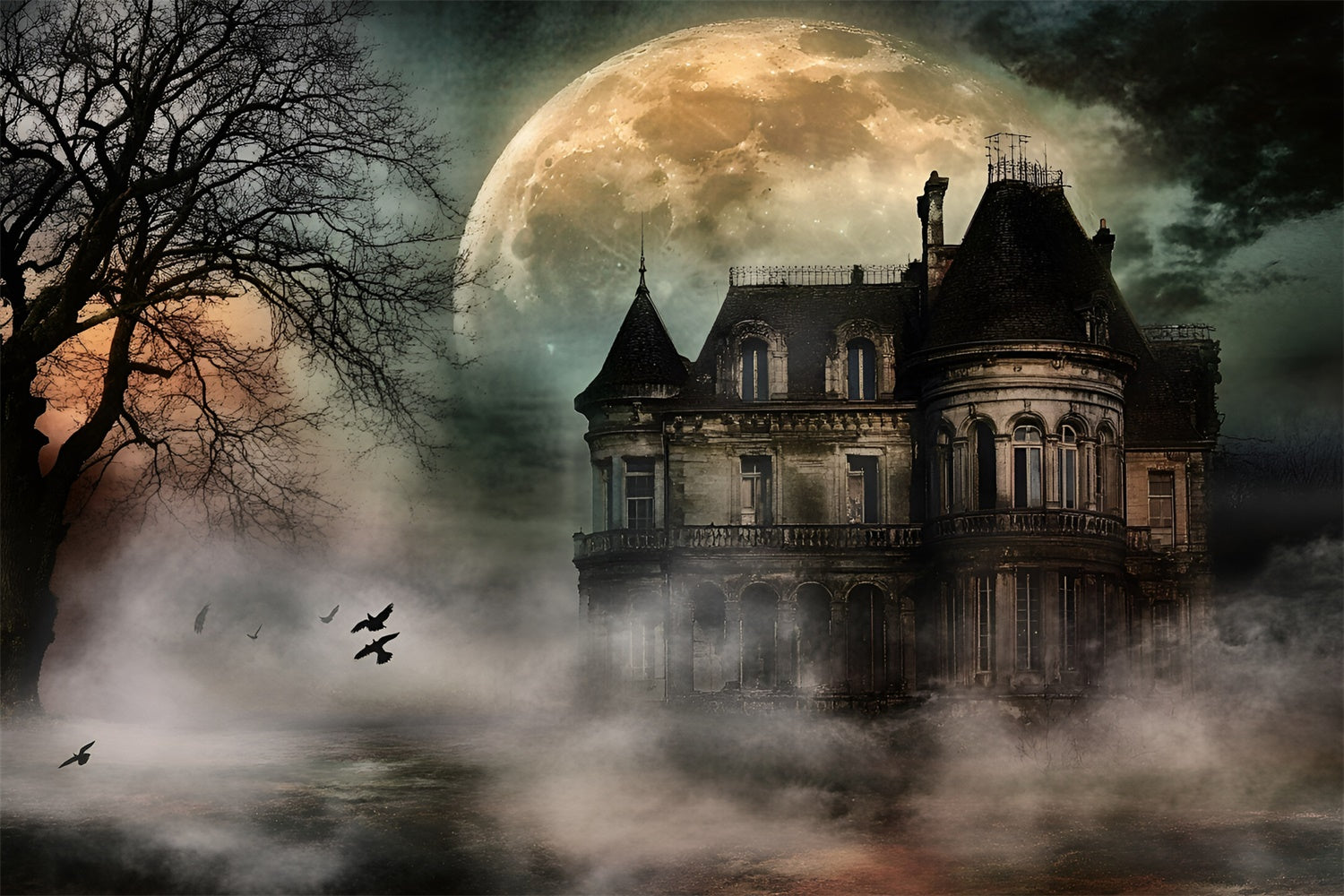 Halloween Moon Backdrop Moonlit Haunted Mansion Backdrop GQ6-209