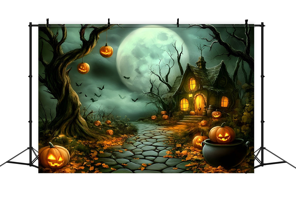 Halloween Moon Backdrop Haunted Pumpkin Cottage Path Backdrop GQ6-210