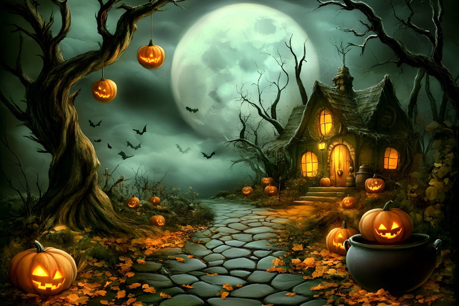 Halloween Moon Backdrop Haunted Pumpkin Cottage Path Backdrop GQ6-210