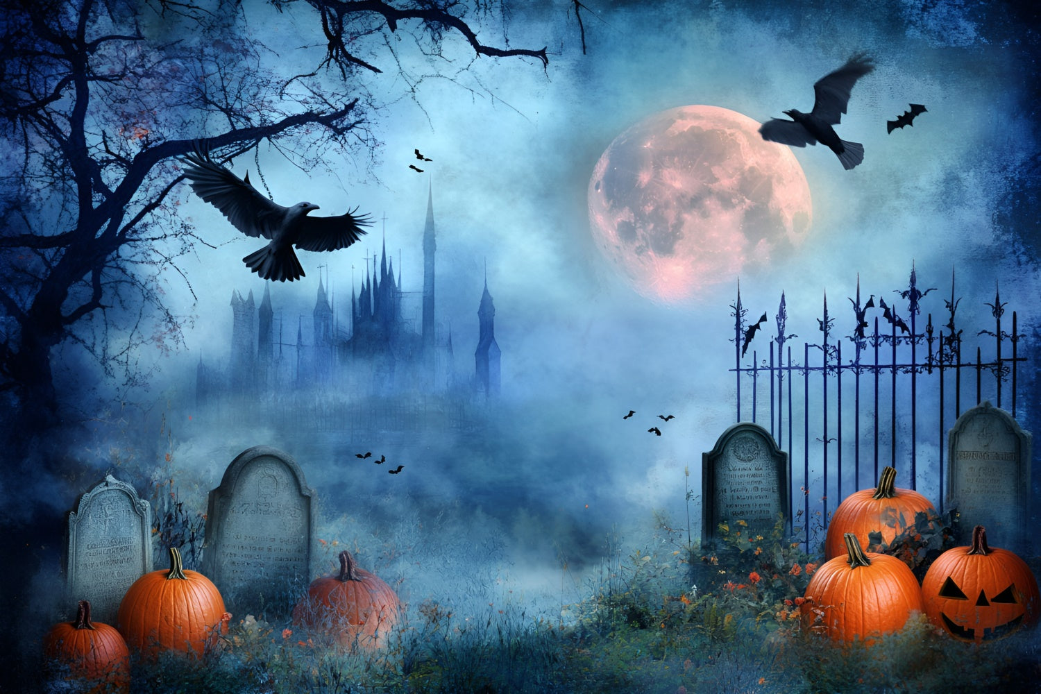 Halloween Graveyard Backdrop Midnight Cemetery Spooky Backdrop GQ6-217