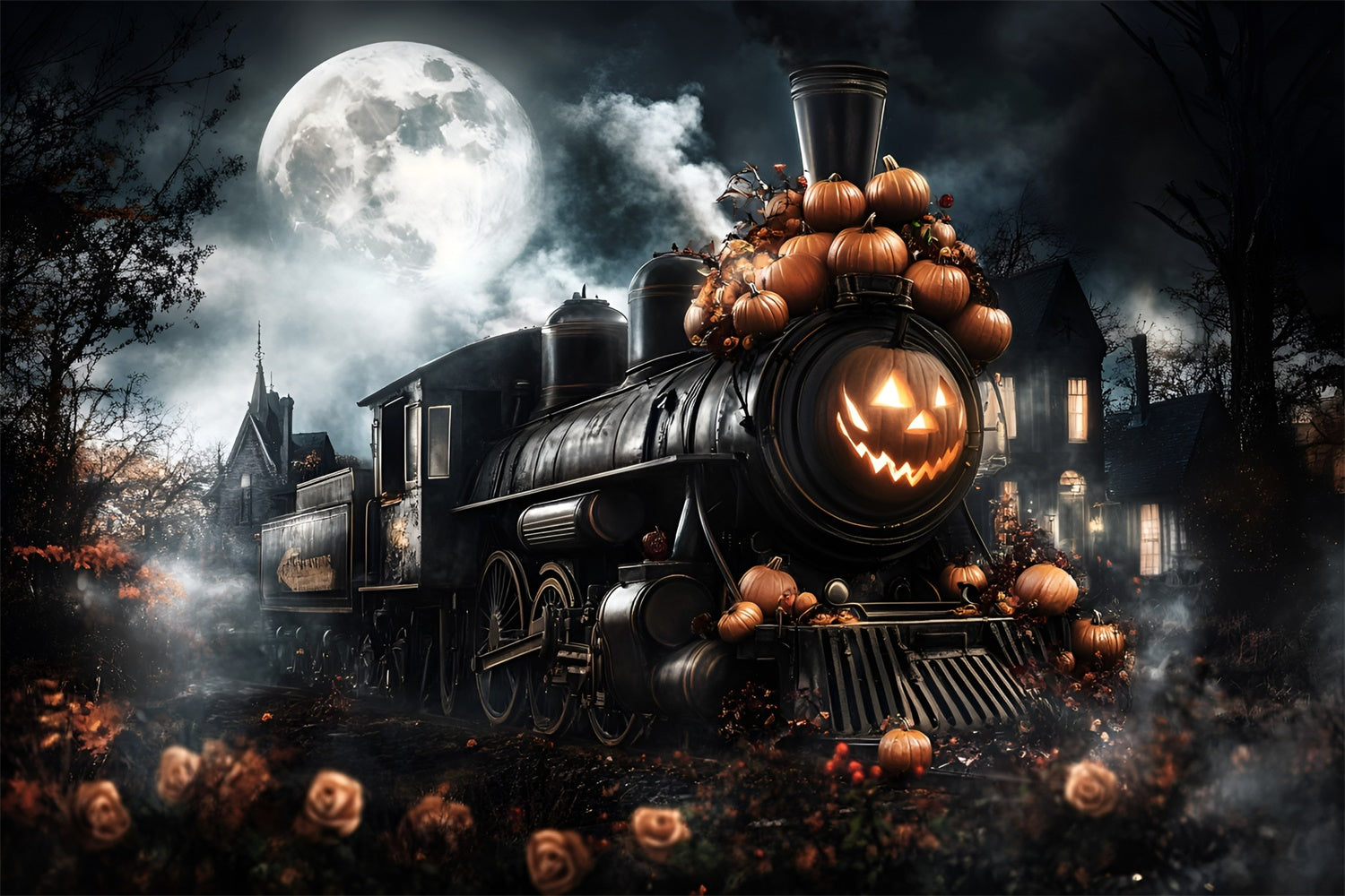 Halloween Moon Backdrop Phantom Train Moonlit Night Backdrop GQ6-223