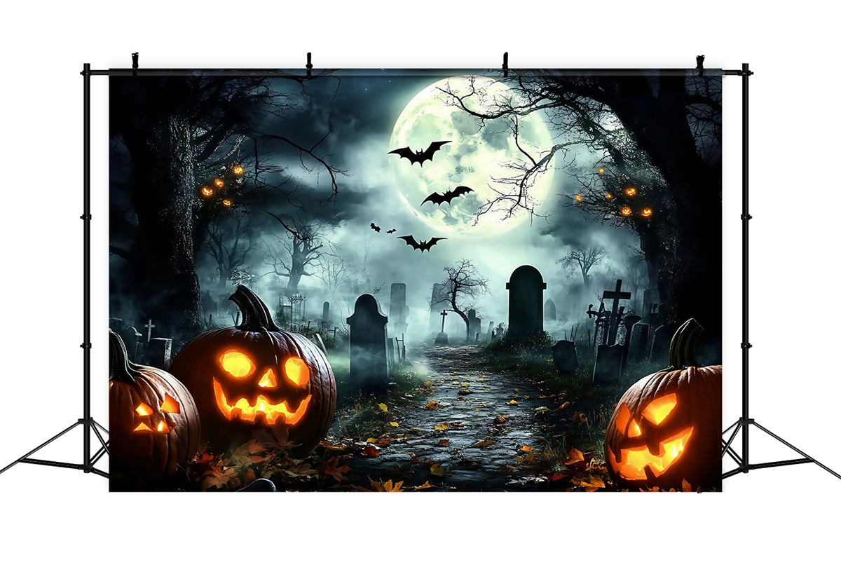 Halloween Graveyard Backdrop Midnight Bats Pumpkin Backdrop GQ6-228