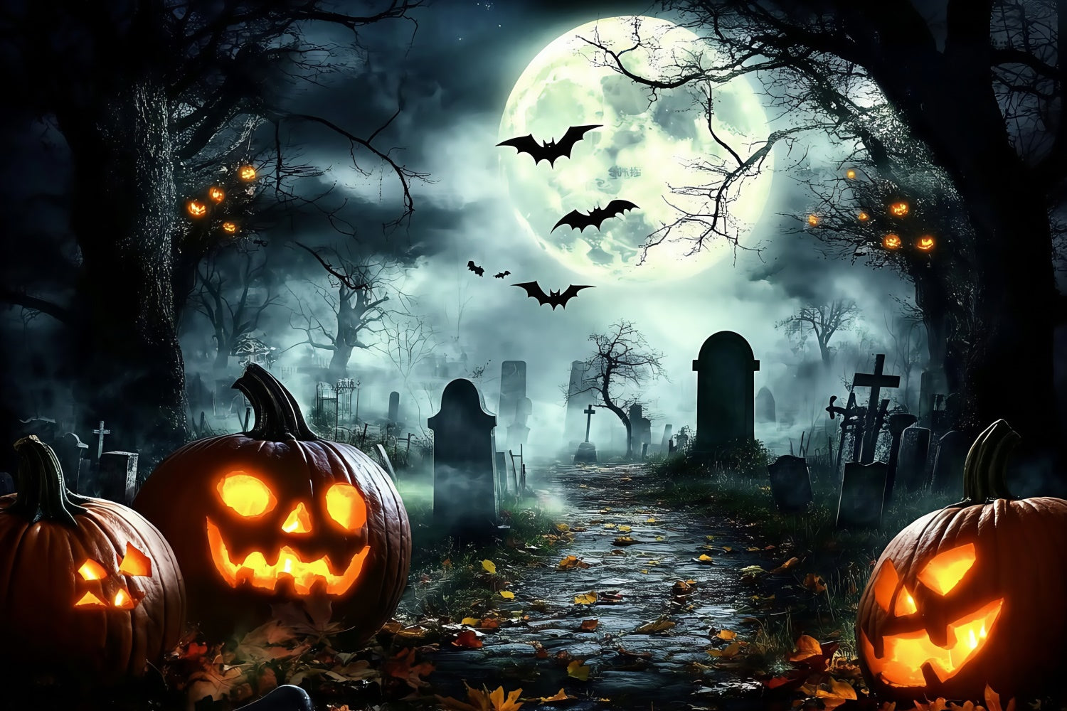 Halloween Graveyard Backdrop Midnight Bats Pumpkin Backdrop GQ6-228