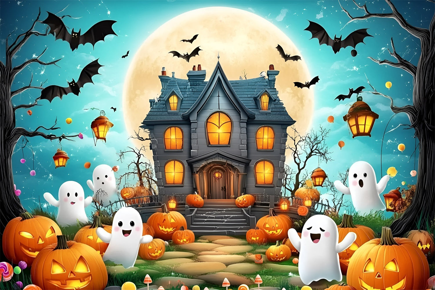 Cute Halloween Backdrop Haunted House Pumpkin Party Backdrop GQ6-231