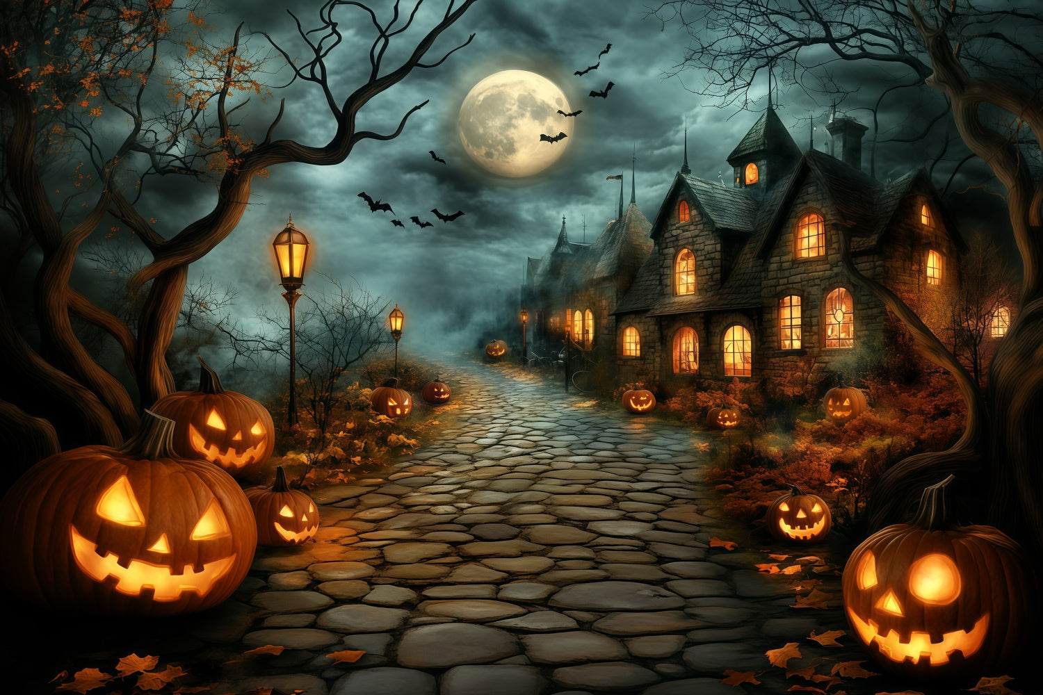 Photography Halloween Backdrop Pumpkin Path Village Backdrop GQ6-240
