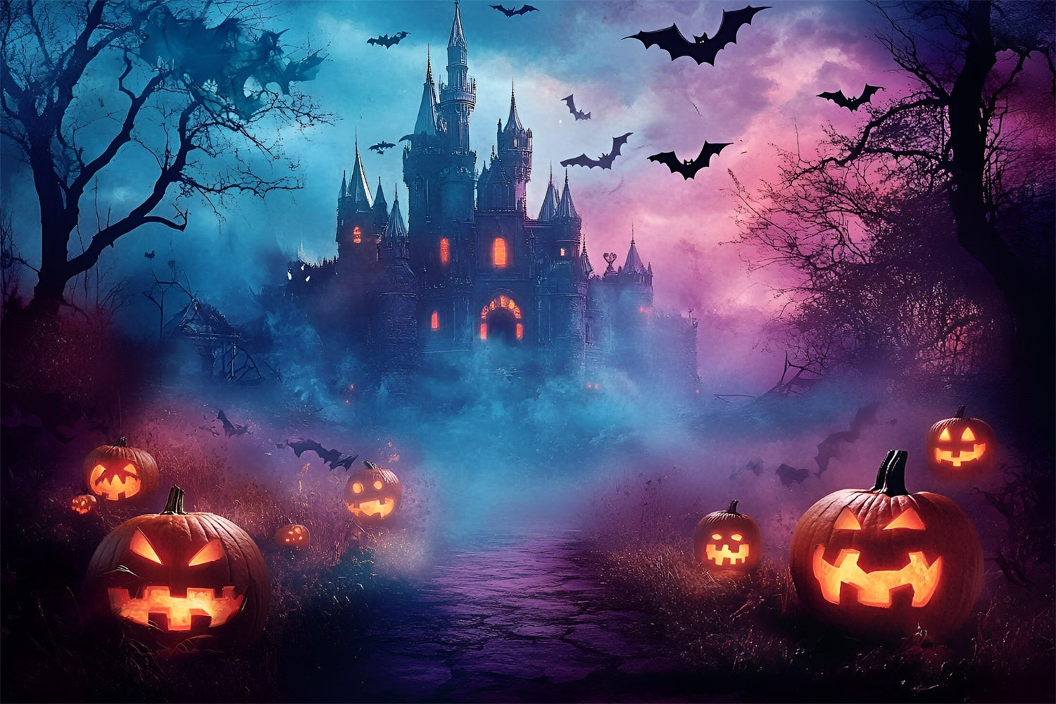 Halloween Picture Backdrop Spooky Misty Castle Night Backdrop GQ6-242