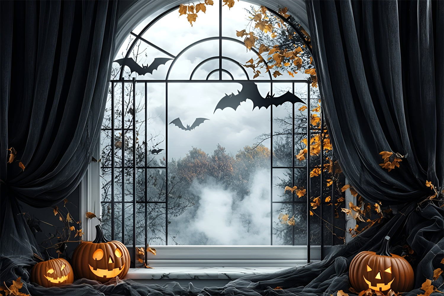 Halloween Photo Backdrop Haunted Window Bat Flight Backdrop GQ6-244