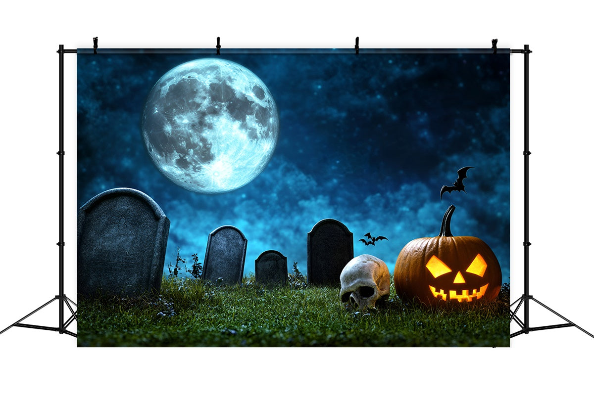 Halloween Graveyard Backdrop Full Moon Pumpkin Skull Backdrop GQ6-246