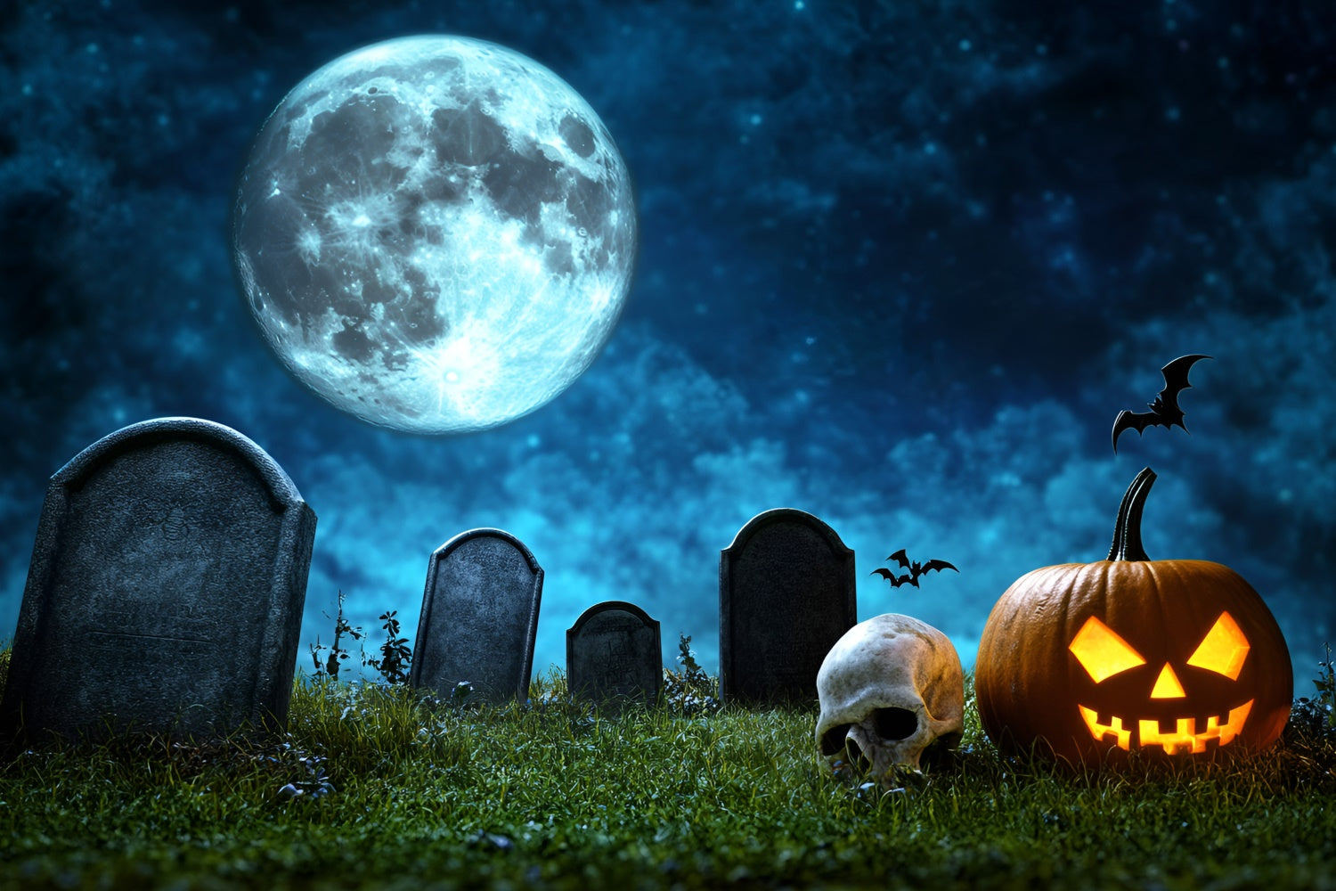 Halloween Graveyard Backdrop Full Moon Pumpkin Skull Backdrop GQ6-246