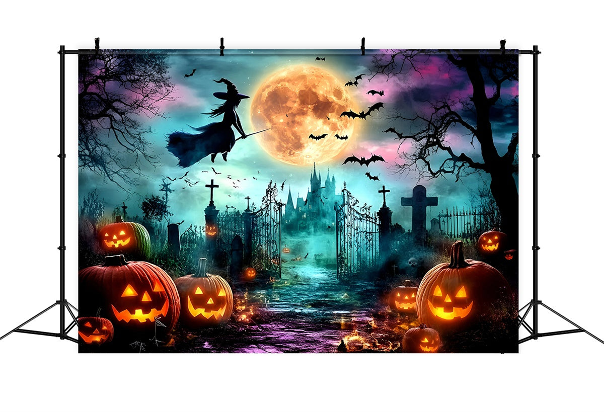 Halloween Witch Backdrop Moonlit Witch Pumpkins Backdrop GQ6-247