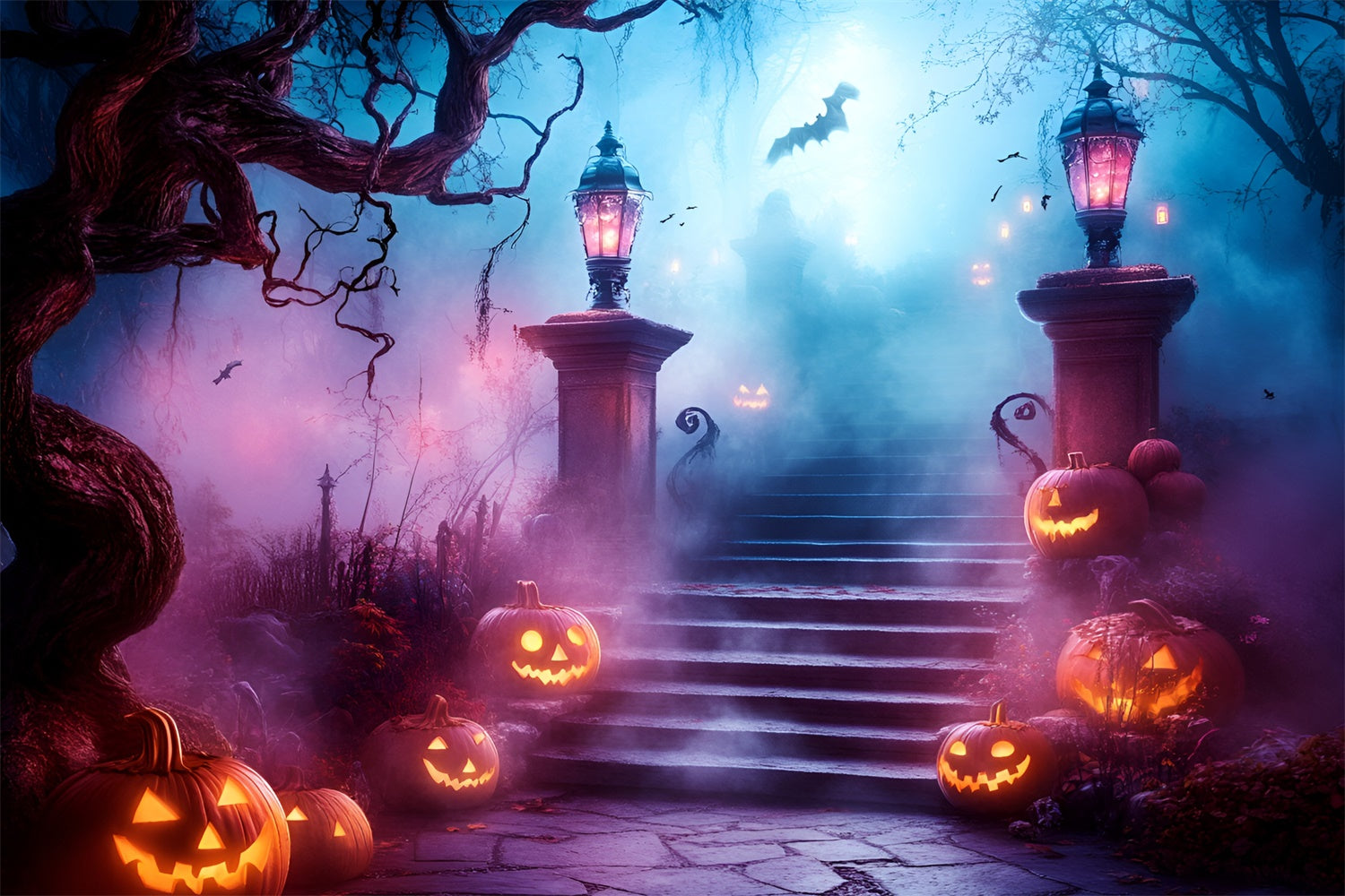 Halloween Backdrop Pumpkin Path Haunted Stairway Backdrop GQ6-248