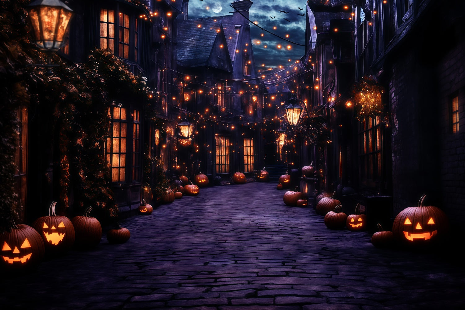Halloween Backdrops Ghostly Lantern Village Night Backdrop GQ6-249
