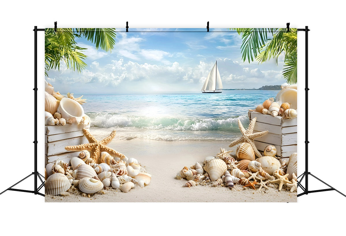 Beach Scene Backdrop Seashell Sailboat Summer Photo Backdrop GQ6-3