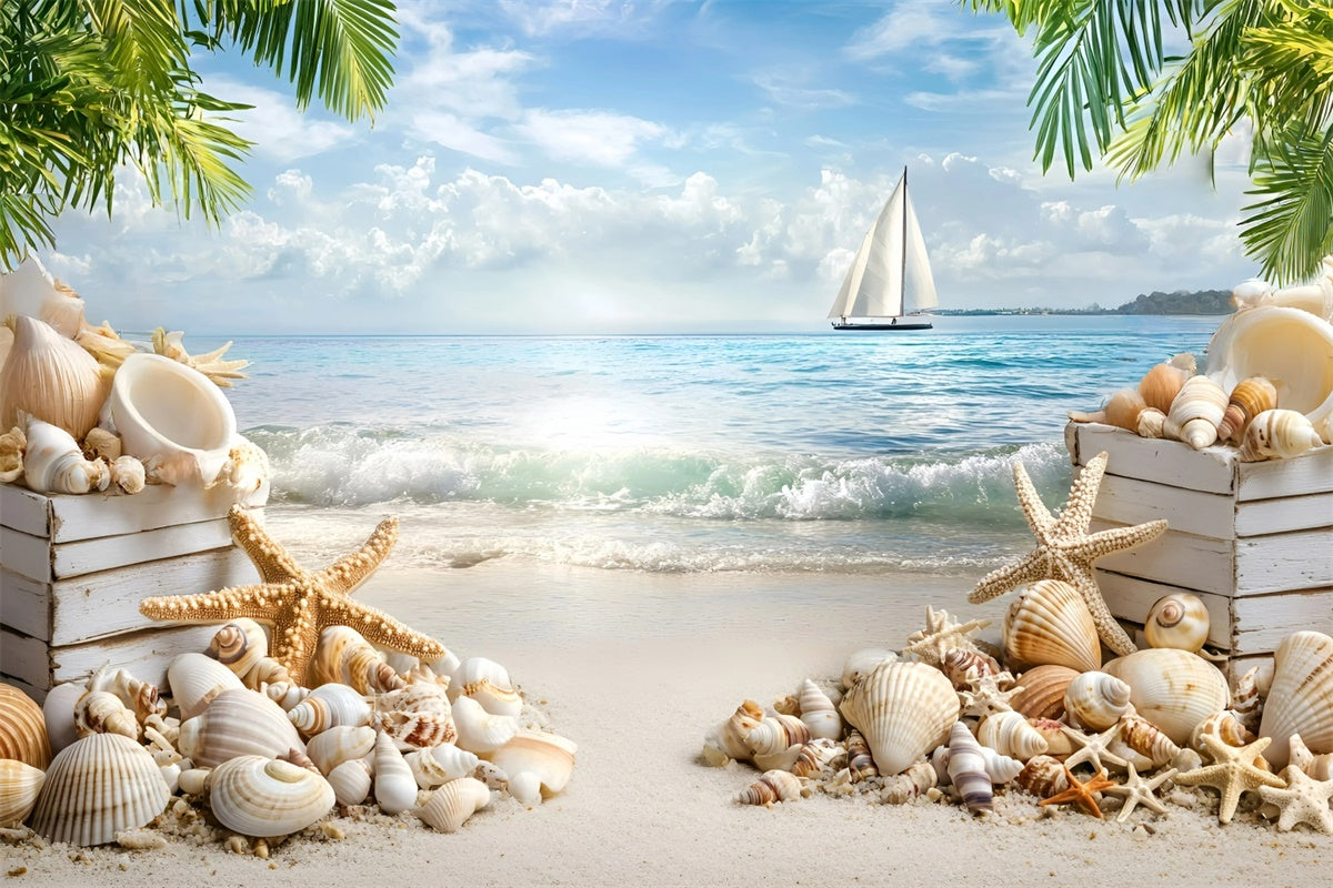 Beach Scene Backdrop Seashell Sailboat Summer Photo Backdrop GQ6-3