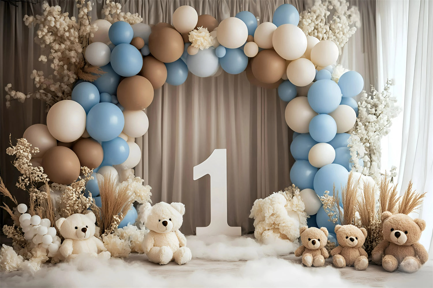 1st Birthday Backdrop Balloon Teddy Scene Backdrop GQ6-311