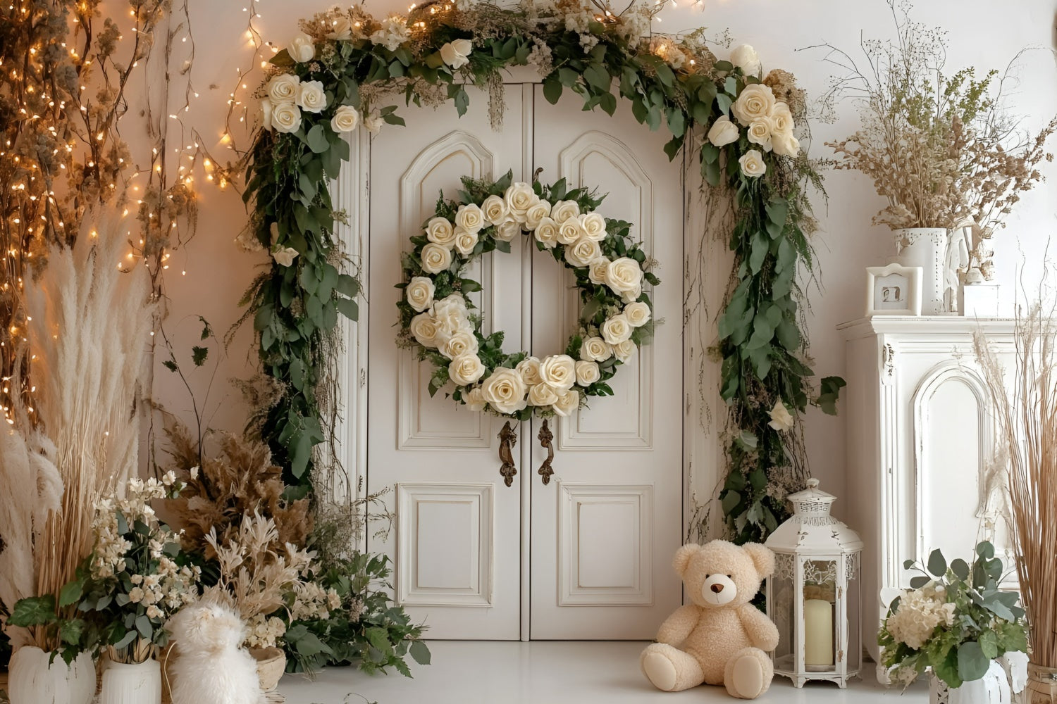 Cake Smash Photography Backdrops Rustic Rose Wreath Backdrop GQ6-319
