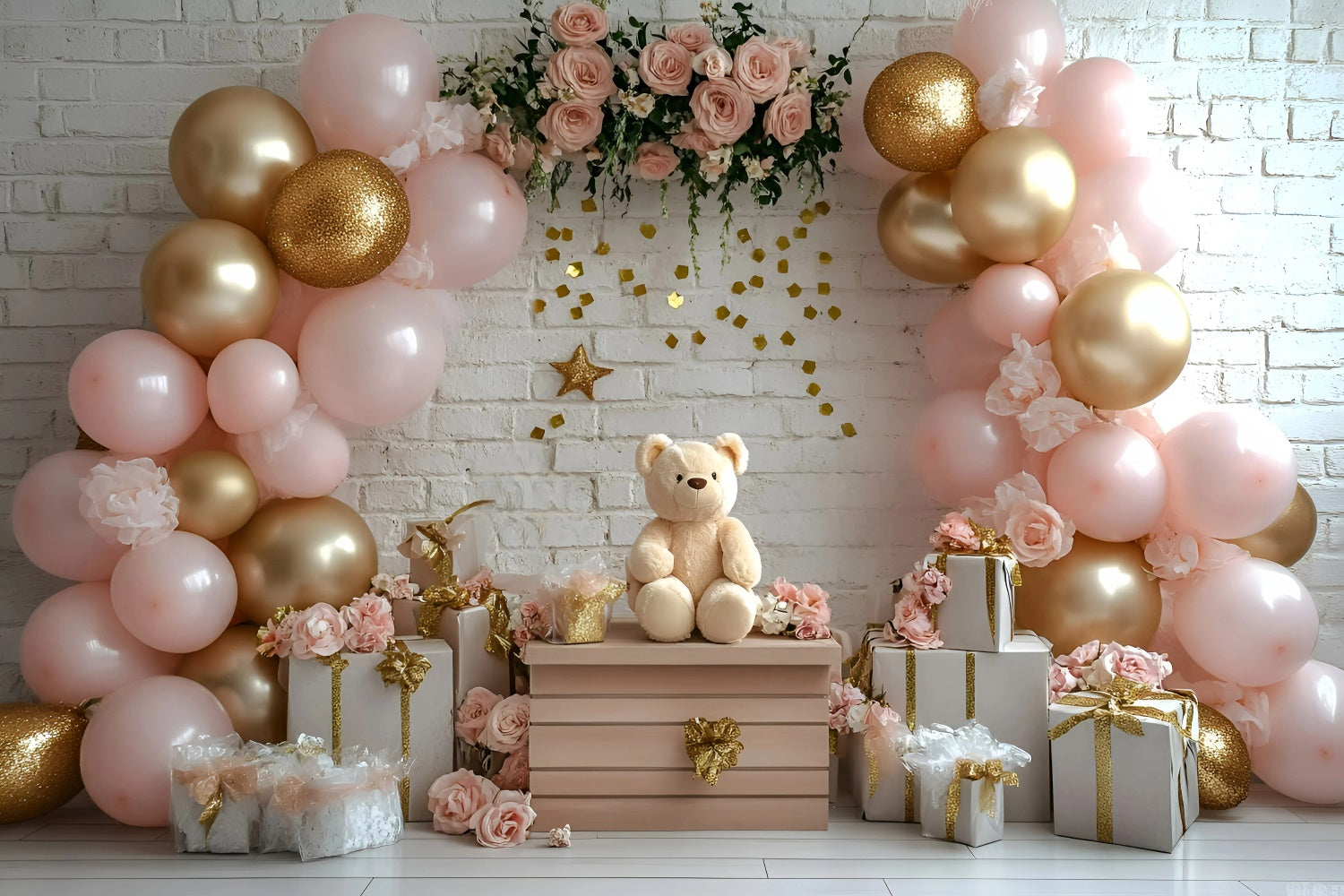 Cake Smash Backdrop Girl Pink Rose Bear Backdrop GQ6-322