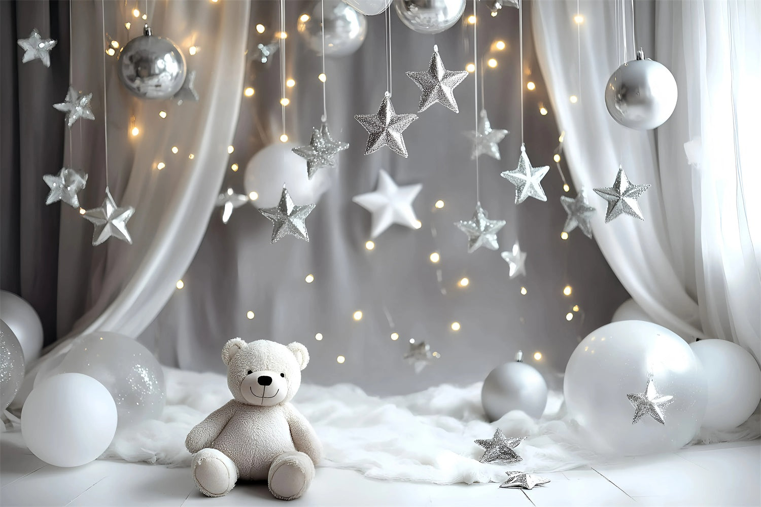 Cake Smash Photography Backdrop Silver Star Bear Backdrop GQ6-333