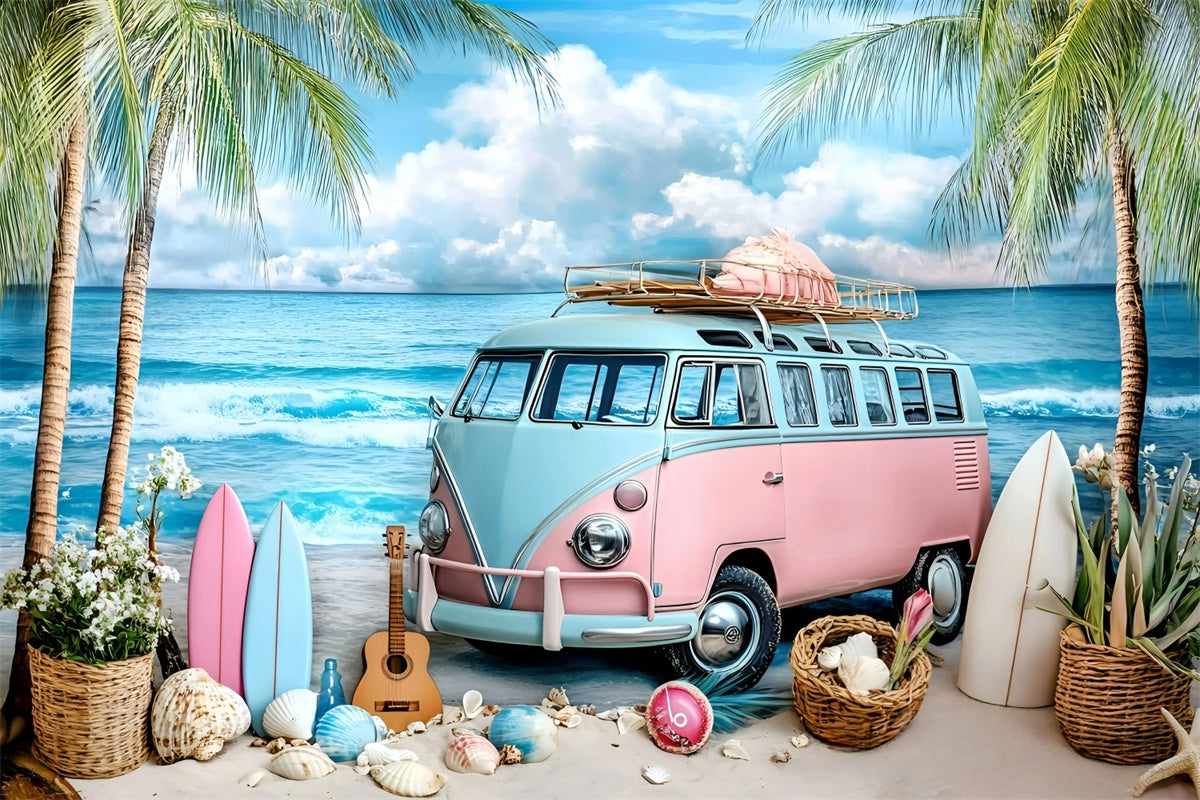 Beach Theme Backdrop Guitar Beach Van Summer Backdrops GQ6-7