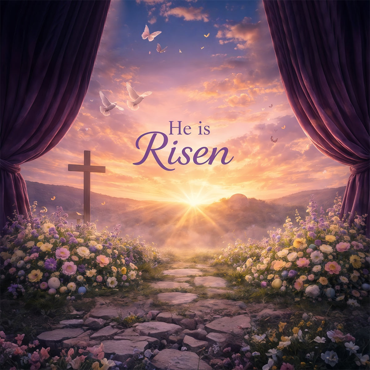 He Is Risen Backdrop Sunrise Valley Songbirds Flower Easter Backdrops For Photos GQ61-13