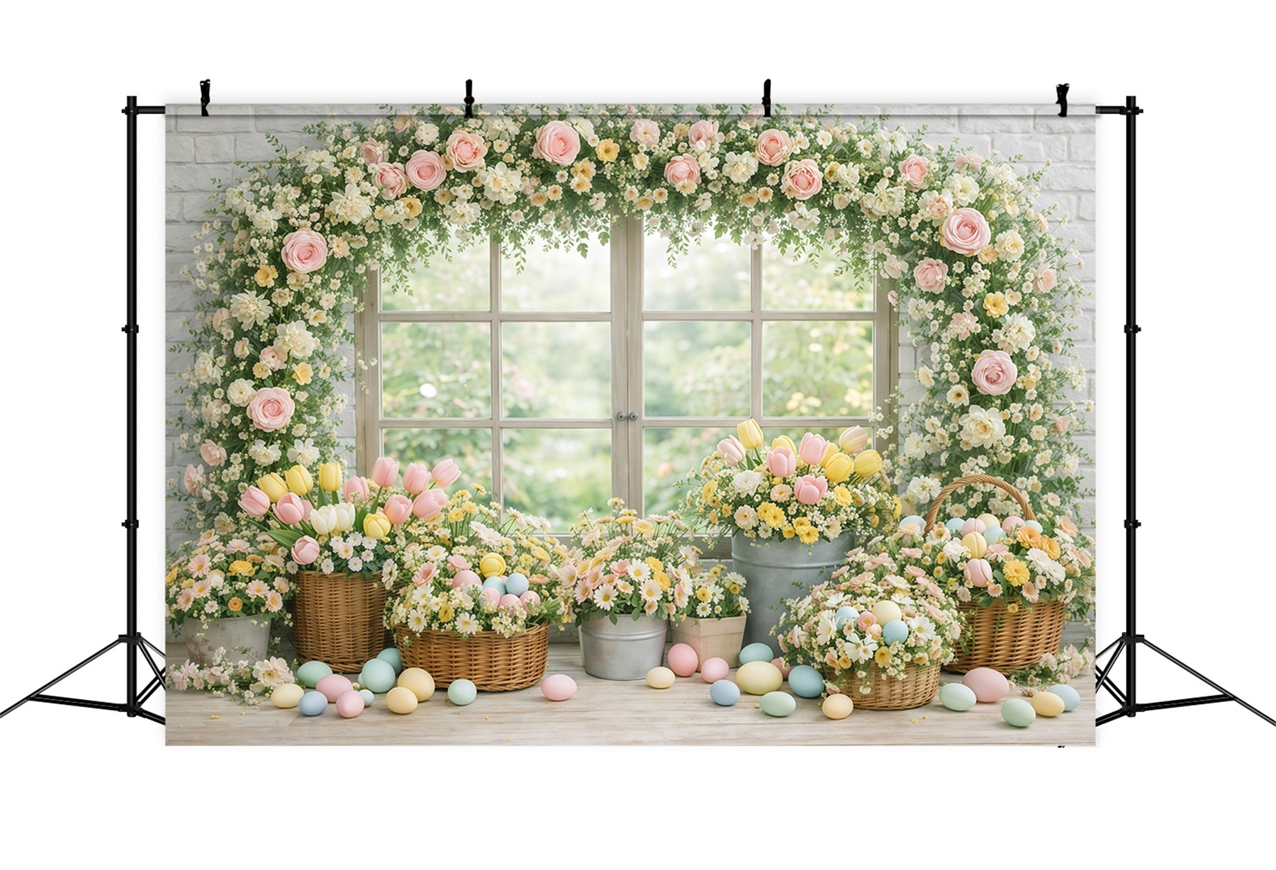 Easter Flower Backdrop Garden Window Floral Eggs Easter Backdrops Photography GQ61-19